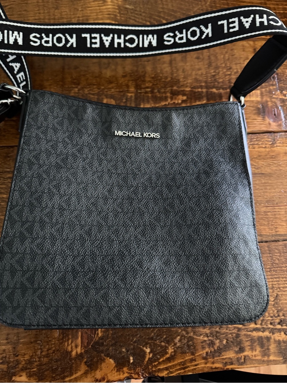 Michael Kors Black Logo-Print Messenger Bag with Branded Strap